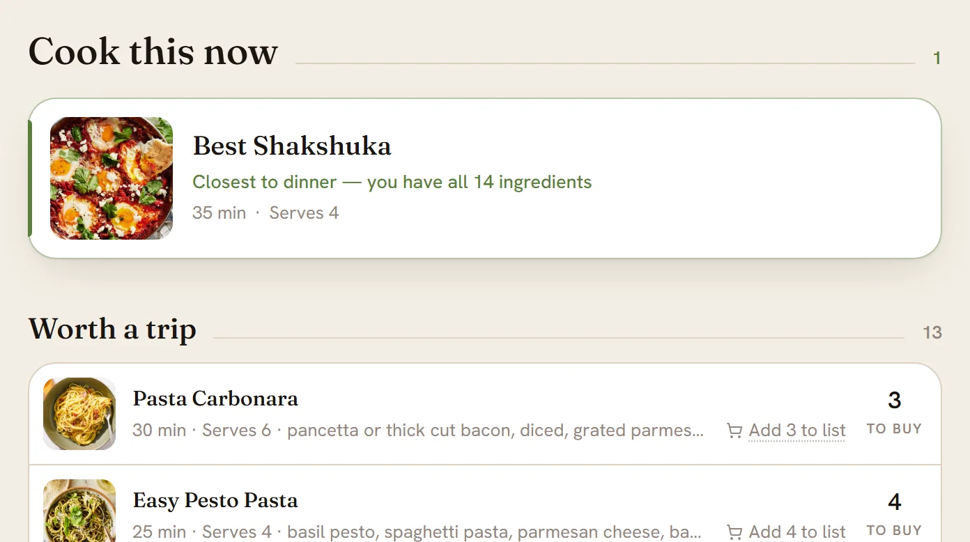 The What can I cook page: a list of fourteen ingredients on the left and a Cook this now group on the right with the Best Shakshuka at the top.
