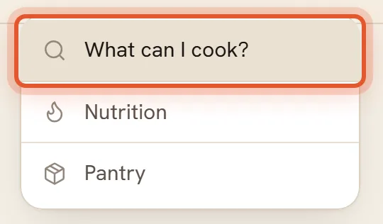 The menu open with What can I cook? ringed between Collections and Nutrition.