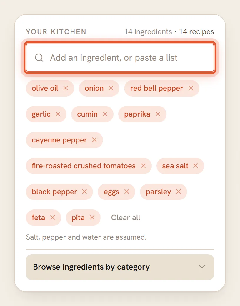 The Your kitchen box after a pasted list of fourteen ingredients, shown as pills under the ringed ingredient box, with the note that salt, pepper and water are assumed.
