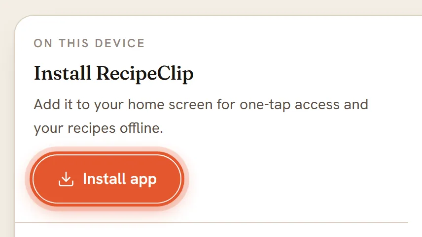 The Install RecipeClip card near the bottom of the Recipes page, with the Install app button ringed.