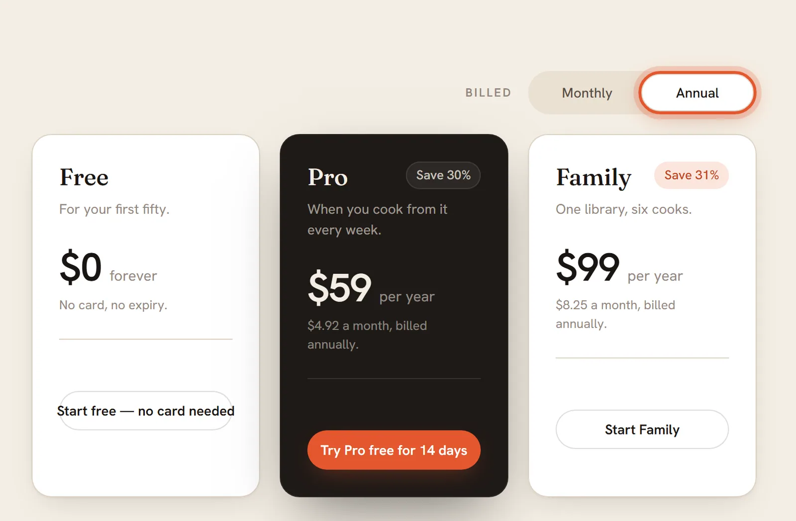 The pricing page with the Annual option ringed. The Pro card shows $59 per year with a Save 30% badge.