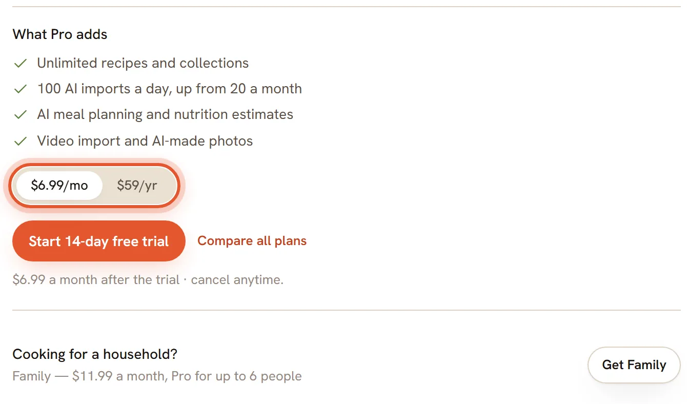 The monthly and yearly price switch under What Pro adds, ringed.