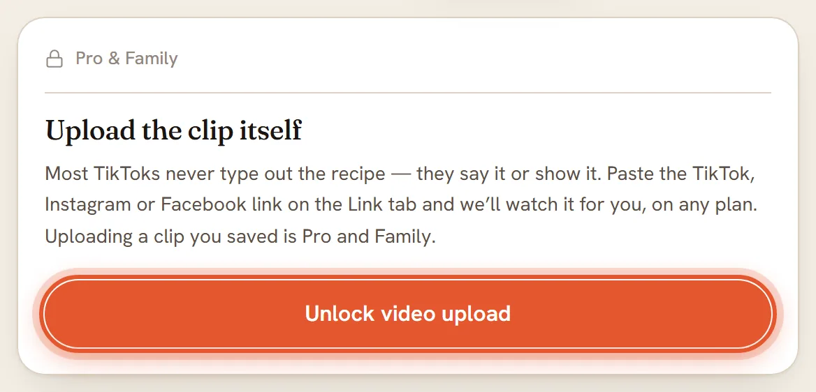 The Video tab on the Add a recipe page on the Free plan, with a ring on the Unlock video upload button.