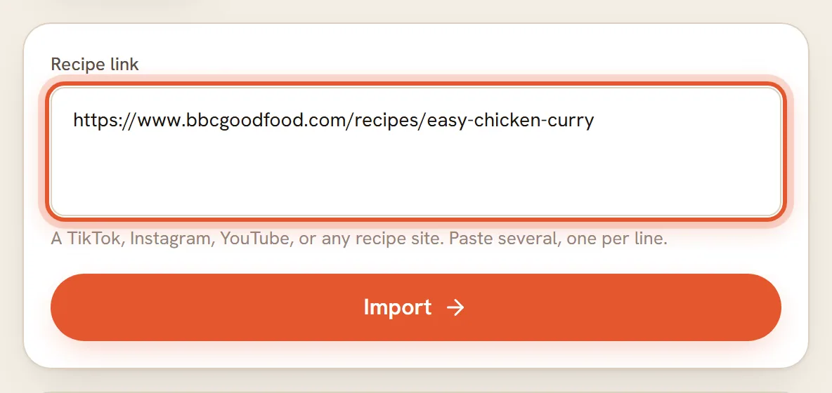 The Recipe link box on the Add a recipe page, ringed.