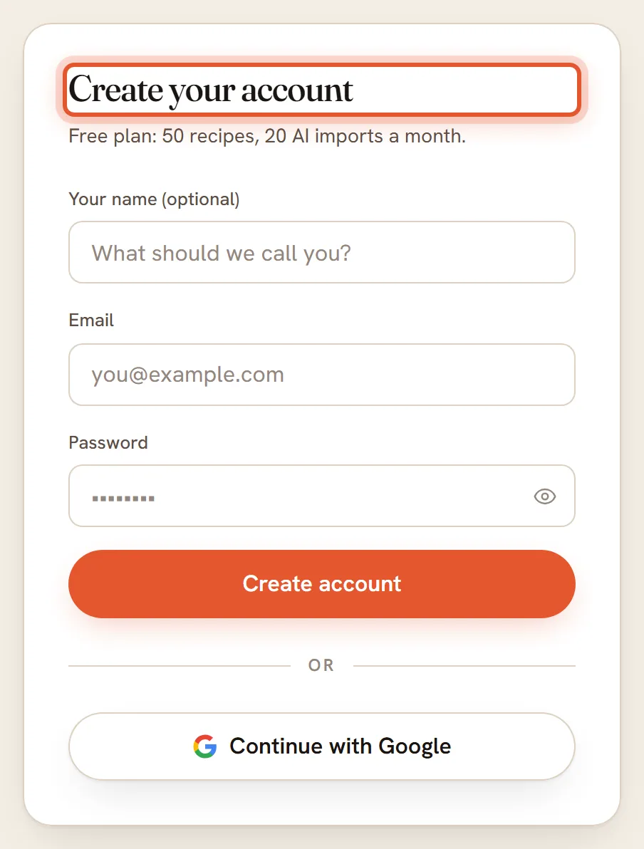 The Create your account page, with the Your name (optional), Email and Password fields, the Create account button and Continue with Google.