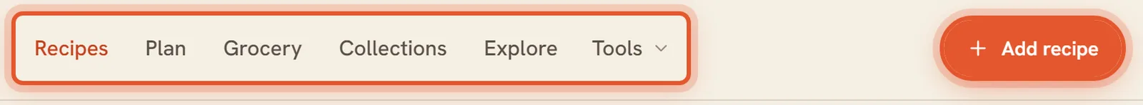 The top menu and Add recipe button on a computer, and the bottom bar on a phone, each ringed.
