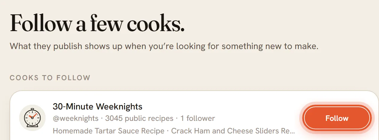 Setup step 3, Cooks, with the first Follow button ringed.