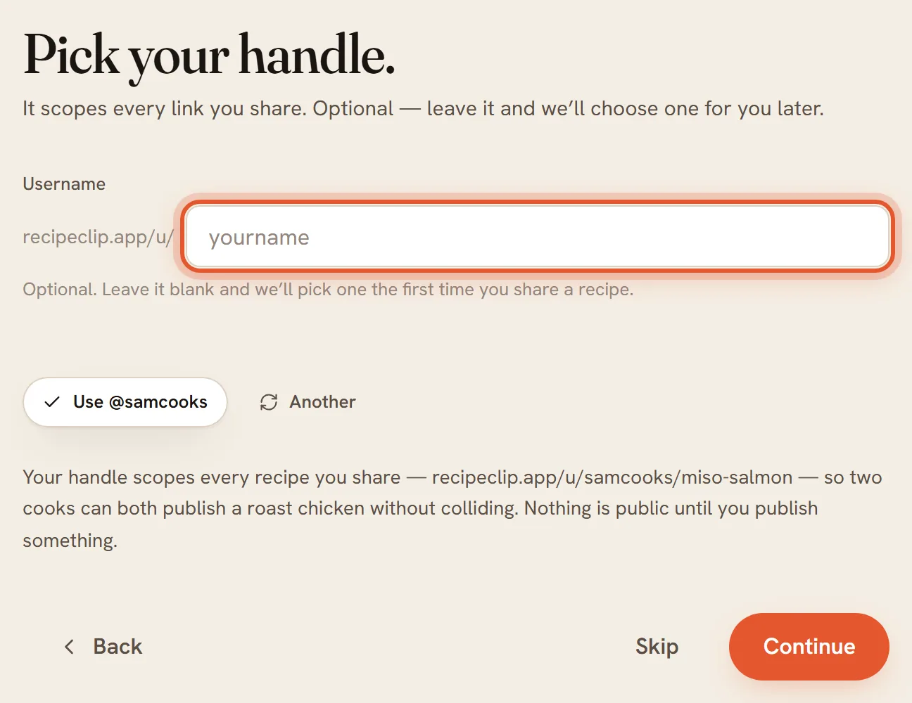 Setup step 2, Name, with the username field ringed.