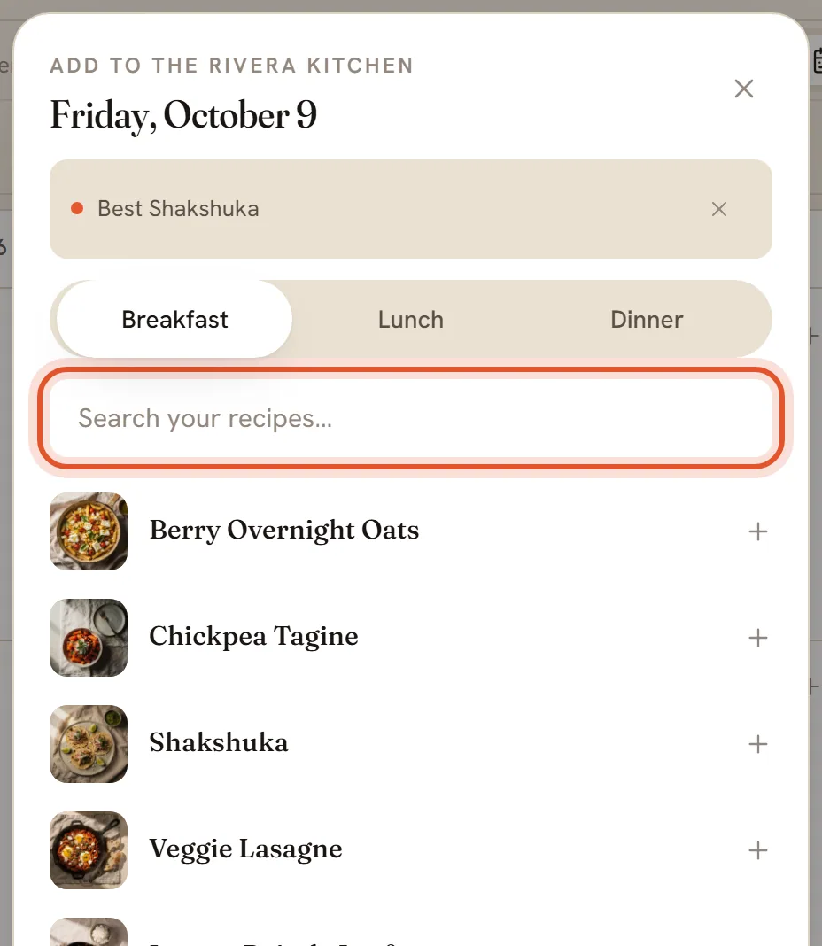 The window Add to The Rivera Kitchen with a day, Breakfast Lunch Dinner, a search box (ringed) and the recipes shared with the household.