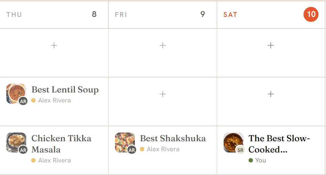 Three days of the household plan, Wednesday to Friday, dinner row: each meal has a small avatar and the name of who added it, Pasta Carbonara by Sam Rivera and the other two by Alex Rivera.