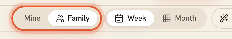 The Mine and Family switch at the top of the Plan page, with Family selected and the switch ringed.