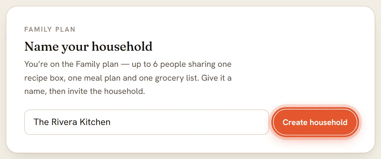 The Create household button, ringed, under the filled-in name box.