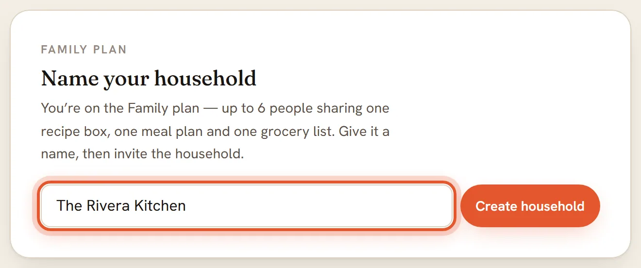 The Name your household card with The Rivera Kitchen typed into the name box, ringed.