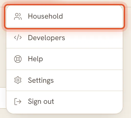The account menu on a computer, and the More sheet on a phone, each with the Household row ringed.