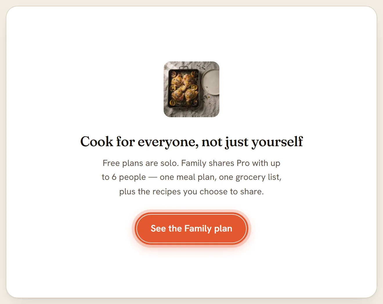 The Household page on a Free account: Cook for everyone, not just yourself, with the See the Family plan button ringed.