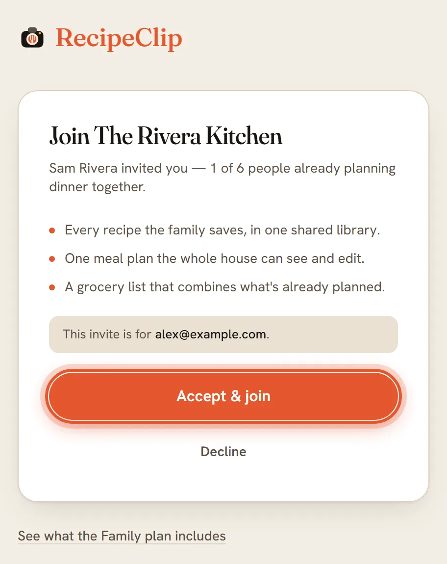 The invitation page for a signed-in person, with Accept & join ringed above Decline.