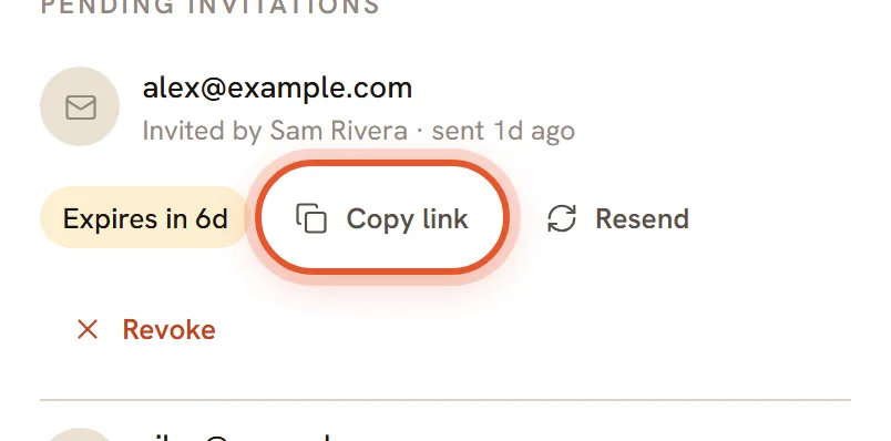 The Copy link button on the first pending invitation, ringed.