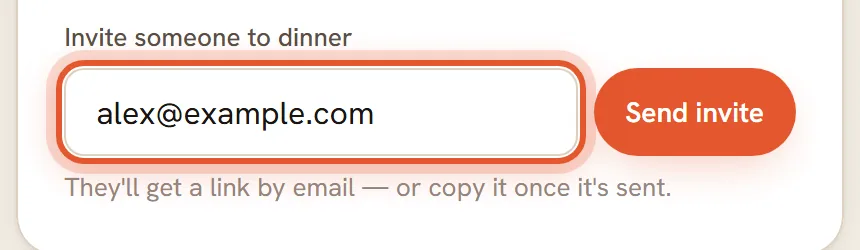 The Invite card with alex@example.com typed into the email box, ringed.