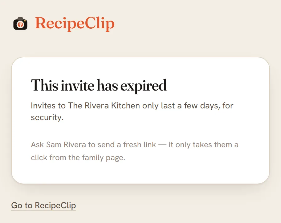 The page for an expired invitation: This invite has expired, ask for a fresh link.
