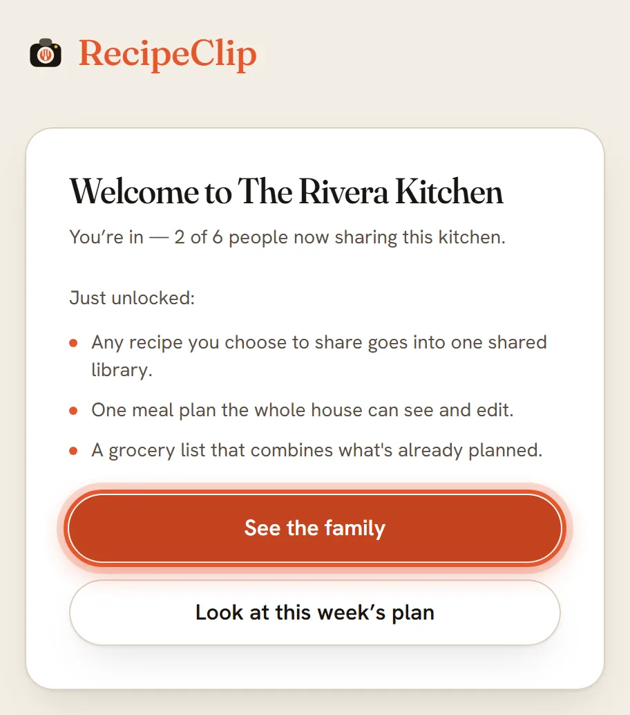 The welcome page after joining: Just unlocked, a short list, and See the family ringed.