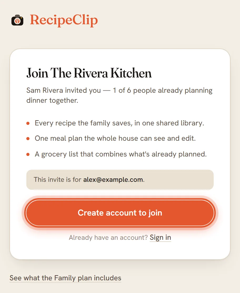 The invitation page for someone signed out: Join The Rivera Kitchen, with Create account to join ringed.