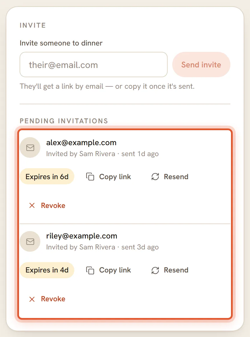 The Pending invitations list ringed: alex@example.com and riley@example.com, each with an expiry chip and the buttons Copy link, Resend and Revoke.