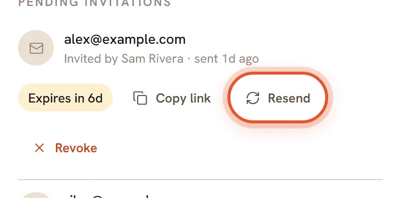 The Resend button on the first pending invitation, ringed.
