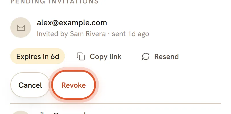 The first pending invitation asking for confirmation, with Cancel and Revoke; Revoke is ringed.