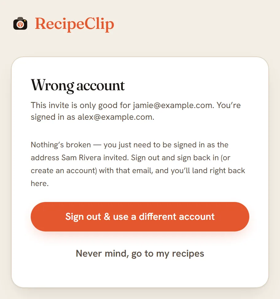 The Wrong account page: this invite is only good for one address, and you are signed in as another.