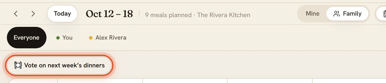 The top of the Plan page. Under the toolbar, the button Vote on next week's dinners is ringed.