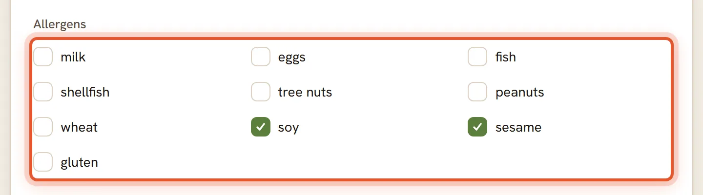 The ten allergen tick boxes with soy and sesame ticked, ringed.