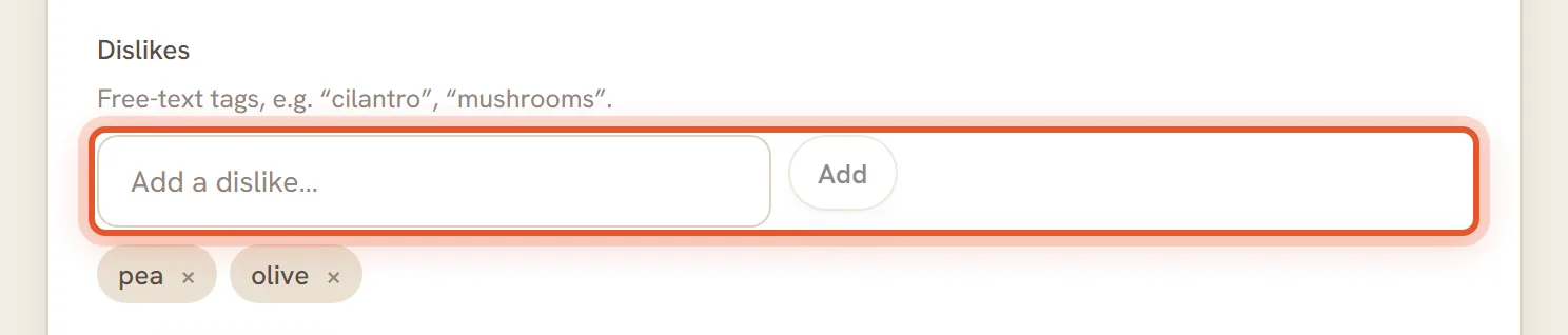 The Add a dislike box and the two tags pea and olive under it, ringed.
