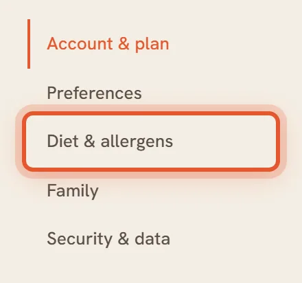 The Settings sections list with Diet and allergens ringed, between Preferences and Family.