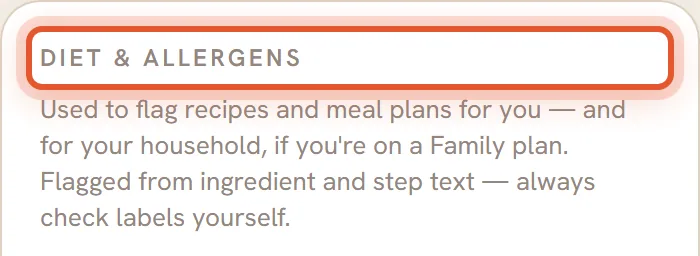 The top of the Diet and allergens card on a phone, with its heading ringed.