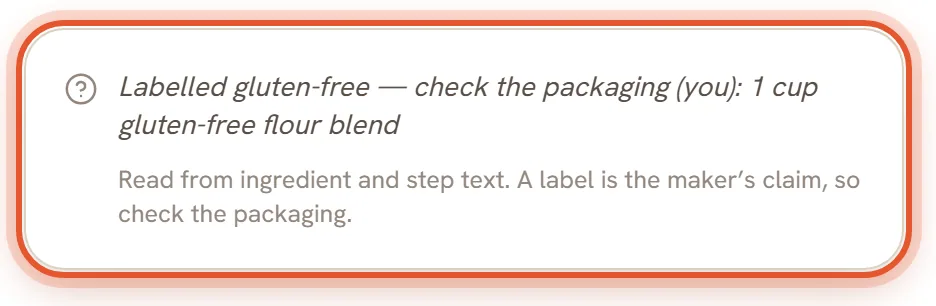 A card for a gluten allergy with one soft line in italics: Labelled gluten-free, check the packaging (you): 1 cup gluten-free flour blend. No red line. The footer says Read from ingredient and step text, a label is the maker's claim, so check the packaging. The card is ringed.