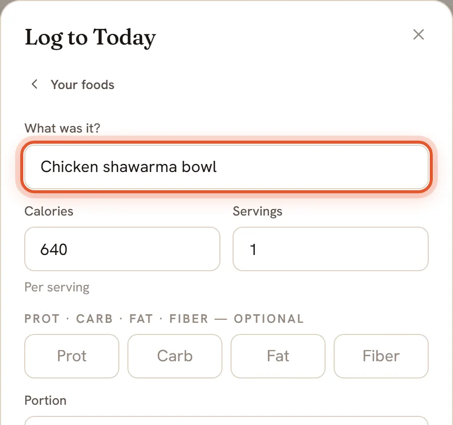 The by-hand form with Chicken shawarma bowl typed as the name and 640 as the calories.