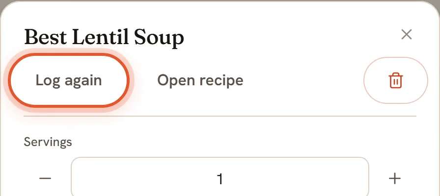 The top of an entry's sheet with the Log again button ringed, and Open recipe beside it.