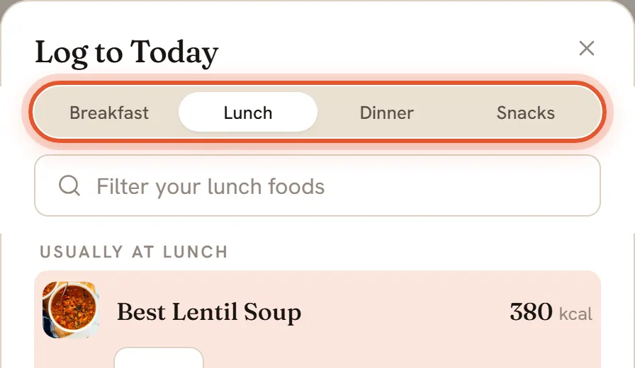 The Log to Today sheet with the row of four meals ringed.