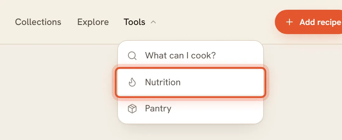 The Tools menu open on a computer with Nutrition ringed. On a phone the same entry is in the More sheet.
