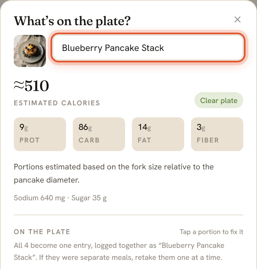 The top of the estimate for a Blueberry Pancake Stack, about 510 calories. The name box is ringed. Below are the Clear plate label and the protein, carb, fat and fiber tiles.