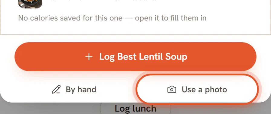 The bottom of the Log sheet with its By hand and Use a photo buttons. Use a photo is ringed.