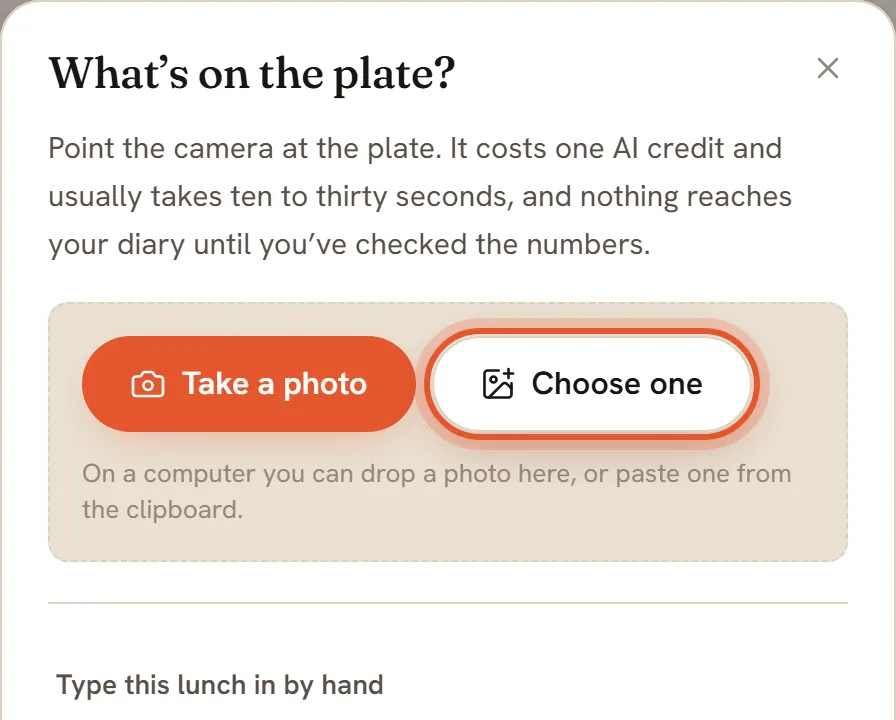 The What's on the plate? sheet with the Take a photo and Choose one buttons. Choose one is ringed.