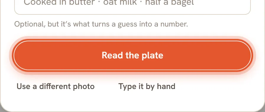 The bottom of the sheet with the Read the plate button ringed, and the links Use a different photo and Type it by hand under it.