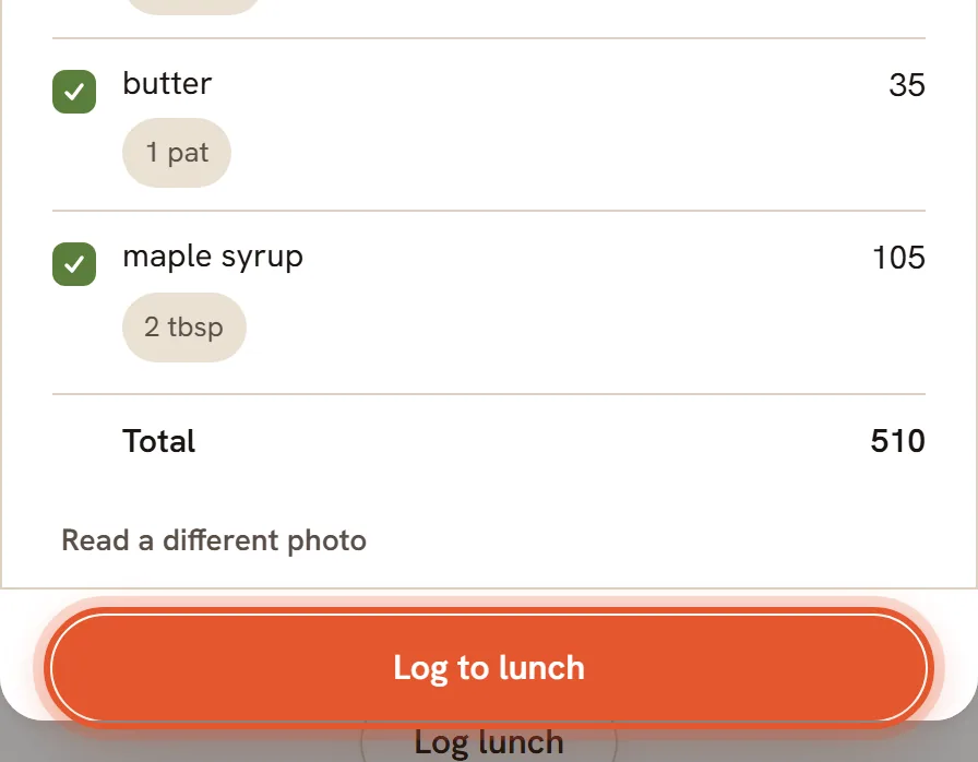 The bottom of the estimate with the total of 510 and the Log to lunch button ringed.