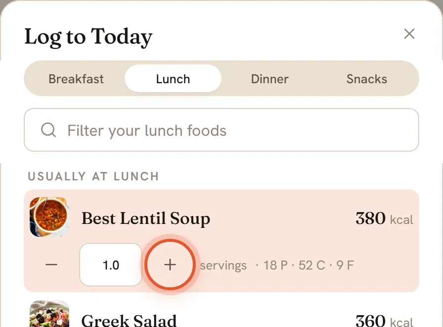 The servings buttons on the Best Lentil Soup row, with the plus button ringed.