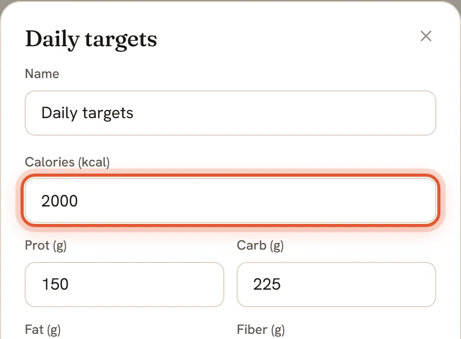 The Daily targets sheet with the Calories box ringed. Below it are boxes for protein, carbs, fat and fiber.