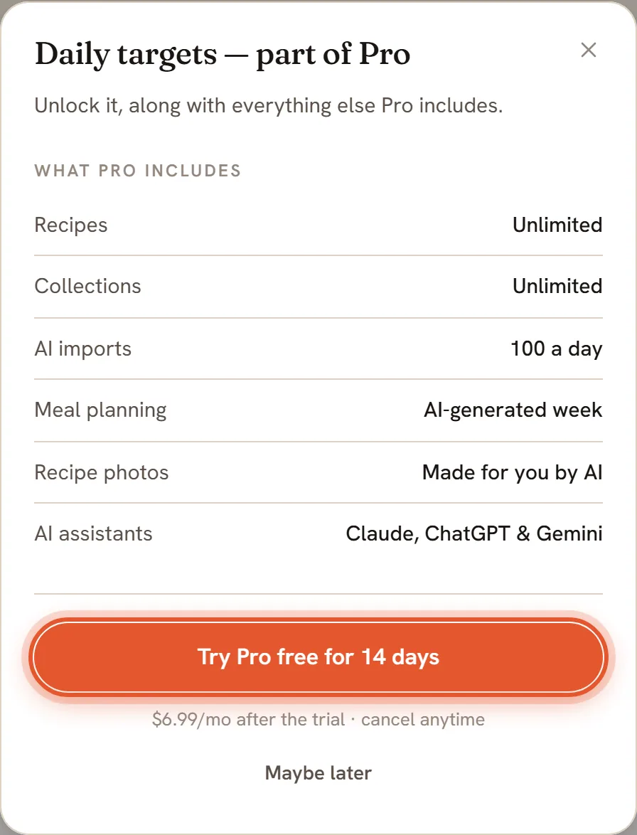 The box titled Daily targets, part of Pro, listing what Pro includes, with the Try Pro free for 14 days button ringed.