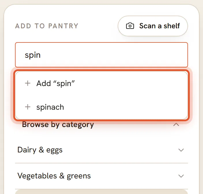 The Add to pantry field with spin typed in and the list of suggestions ringed.