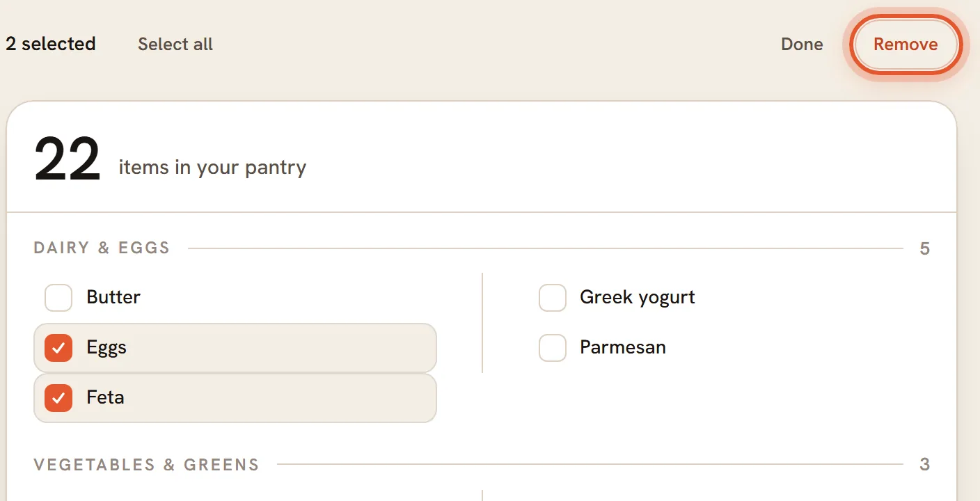 Two items ticked, Eggs and Feta, with the Remove button ringed.