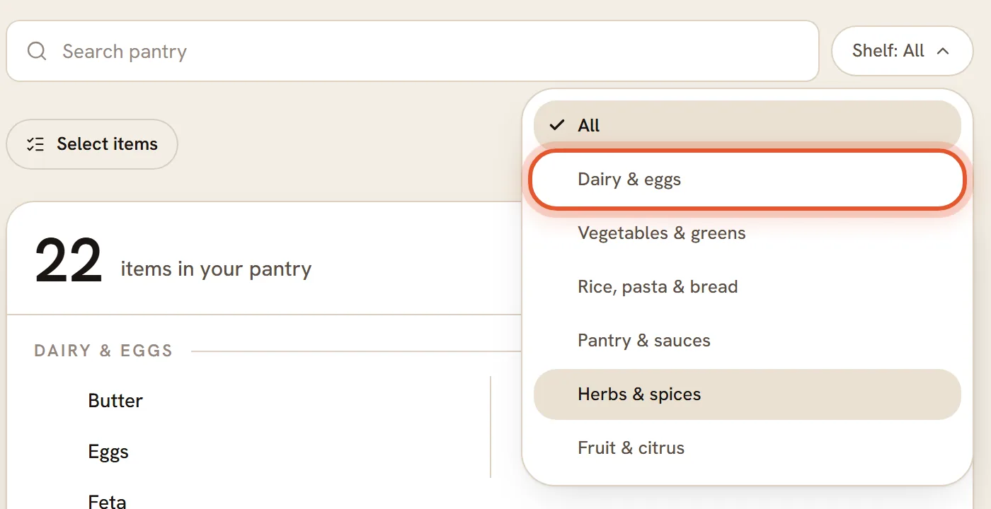 The shelf menu open, listing All and each shelf with the Dairy and eggs shelf ringed.